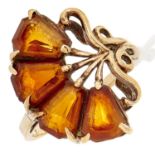 A fan shaped four stone citrine ring, in gold, 3.7g, size,  J½