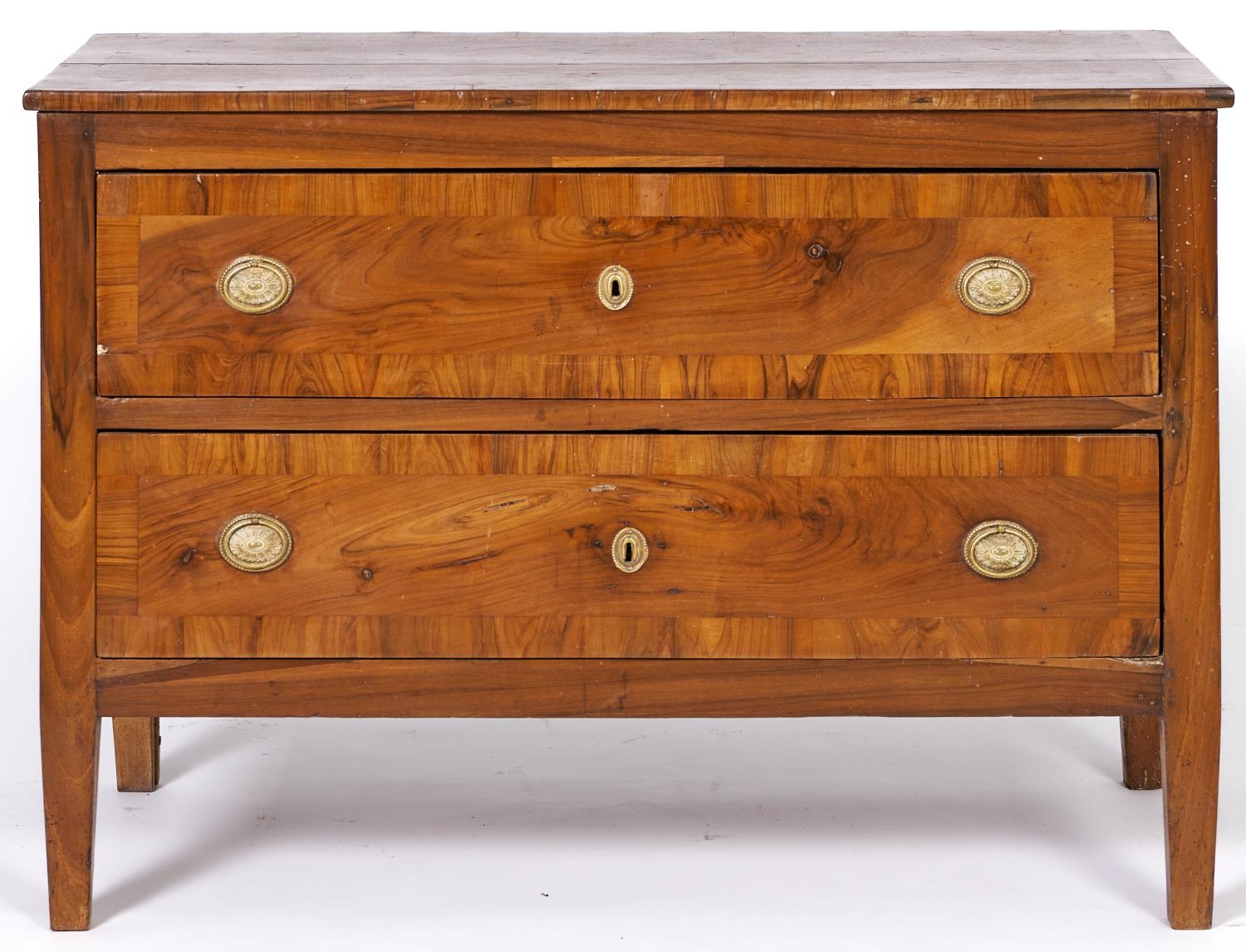 A North Italian walnut and crossbanded commode, 19th c, with later brass handles, 79cm h; 55 x 112cm