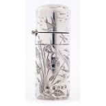 A Victorian aesthetic silver scent bottle, engraved with birds and foliage, stopper, 57mm h, by C