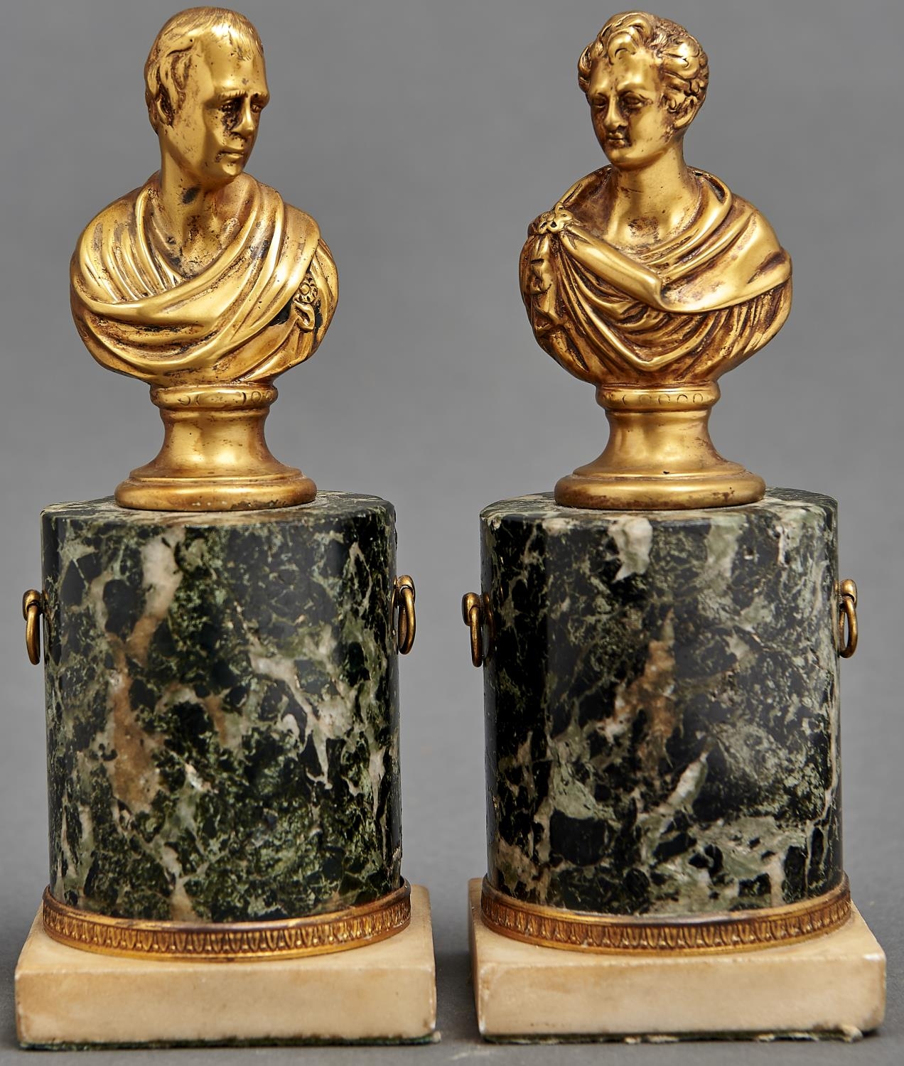 A pair of gilt bronze portrait busts of Lord Byron and Sir Walter Scott, 19th c, a l'antica, on