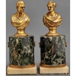 A pair of gilt bronze portrait busts of Lord Byron and Sir Walter Scott, 19th c, a l'antica, on