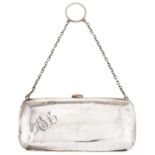 A George V silver purse, chain handle and finger ring, 11.5cm l, Birmingham 1918 Light dents and