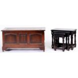 A panelled and carved oak blanket box, the boarded lid with cleated ends, 54cm h; 108 x 48cm and a