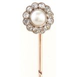 A diamond and pearl set stick pin, in gold, 2.7g, demountable