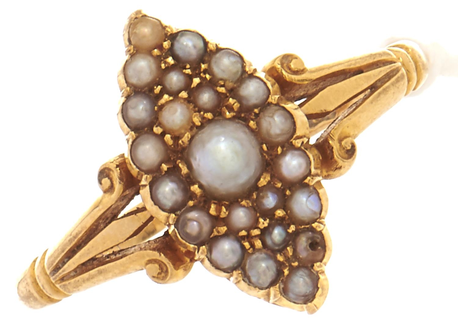 A split pearl marquise cluster ring, in gold marked 18, 3.1g, size N