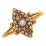 A split pearl marquise cluster ring, in gold marked 18, 3.1g, size N