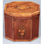 A George III mahogany and satinwood inlaid octagonal tea caddy, 13cm h; 13 x 9cm Hinges later