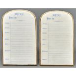 A pair of late Victorian porcelain menu tablets, c1900, the biscuit front printed in blue, 13.5cm h,