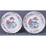 Two Chinese famille rose plates, Qing dynasty, Qianlong period, painted with quail, peony and