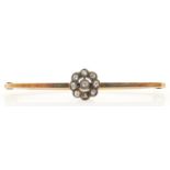 A diamond brooch adapted from a stickpin, on 9ct gold bar, diamonds 0.28ct total, 4.7g