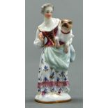 A Meissen miniature figure of a lady carrying a pug dog, 19th c, flat base, 74mm h, impressed 83,