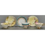 Two E Brain & Co bone china teacups and saucers, 1948-63, printed and painted by A Taylor, signed,