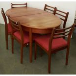 A teak extending dining table and set of six ladder back chairs, c1970, table 73cm h; 90 x 154cm
