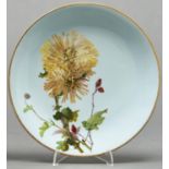 A Minton bone china plate, c1880, painted by R Pilsbury, signed, with a yellow chrysanthemum on a