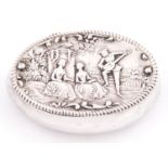 A Victorian oval silver bombe trinket box, the lid embossed with ladies and musician, in beaded