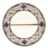 A diamond and sapphire brooch, in gold marked 14k, 5g