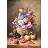 An English porcelain plaque painted by Milwyn Holloway (1940 - 2020) with fruit and flowers, signed,