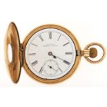 A Waltham gold plated half hunting cased keyless lever watch Damaged