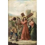 19th c School - Christ Carrying the Cross, oil on canvas, 36 x 23.5cm Medium thin in places, varnish