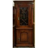 An antique style oak glazed corner cupboard, the lower part with panelled door, 191cm h x 89cm w
