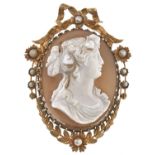 A hardstone cameo brooch pendant, the cameo probably 19th c, carved with the head of a maiden in