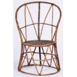 An unusual Victorian painted bamboo and wicker chair, c1900, with curved back and round seat, 86cm