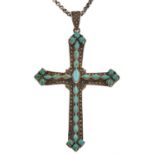 A silver, marcasite and turquoise set cross with marcasite loop, 10cm h excluding loop, marked 925