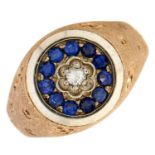 A sapphire and diamond cluster ring, in gold with frosted shoulders, marked 750, 5.g, size L Good