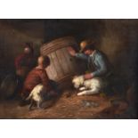 Circle of George Armfield - Two Boys with Terriers Ratting in a Barn, oil on canvas, 39 x 54.5cm