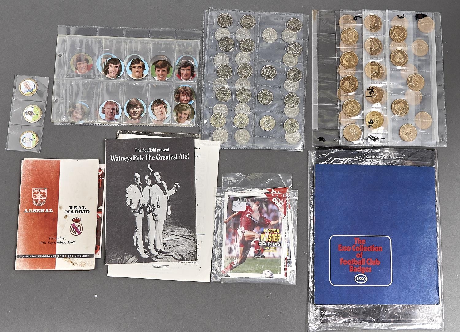 Soccer memorabilia, including Esso and other collectors medallions, printed ephemera and programmes,