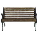 A cast metal garden seat, second half 20th c, slatted seat, the ends pierced and cast with