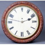 A Victorian oak wall timepiece, late 19th c,  with painted dial and chain fusee movement, leaf