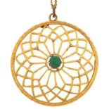 A 9ct gold openwork pendant set with central turquoise stone, marked 9c and a gold necklet, 3.2g