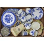 An Aynsley blue and white tea service, two Worcester Willow pattern plates in blue and white, a