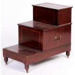 A set of Victorian mahogany bed steps, c1840, with lid and sliding pot compartment, maroon leather