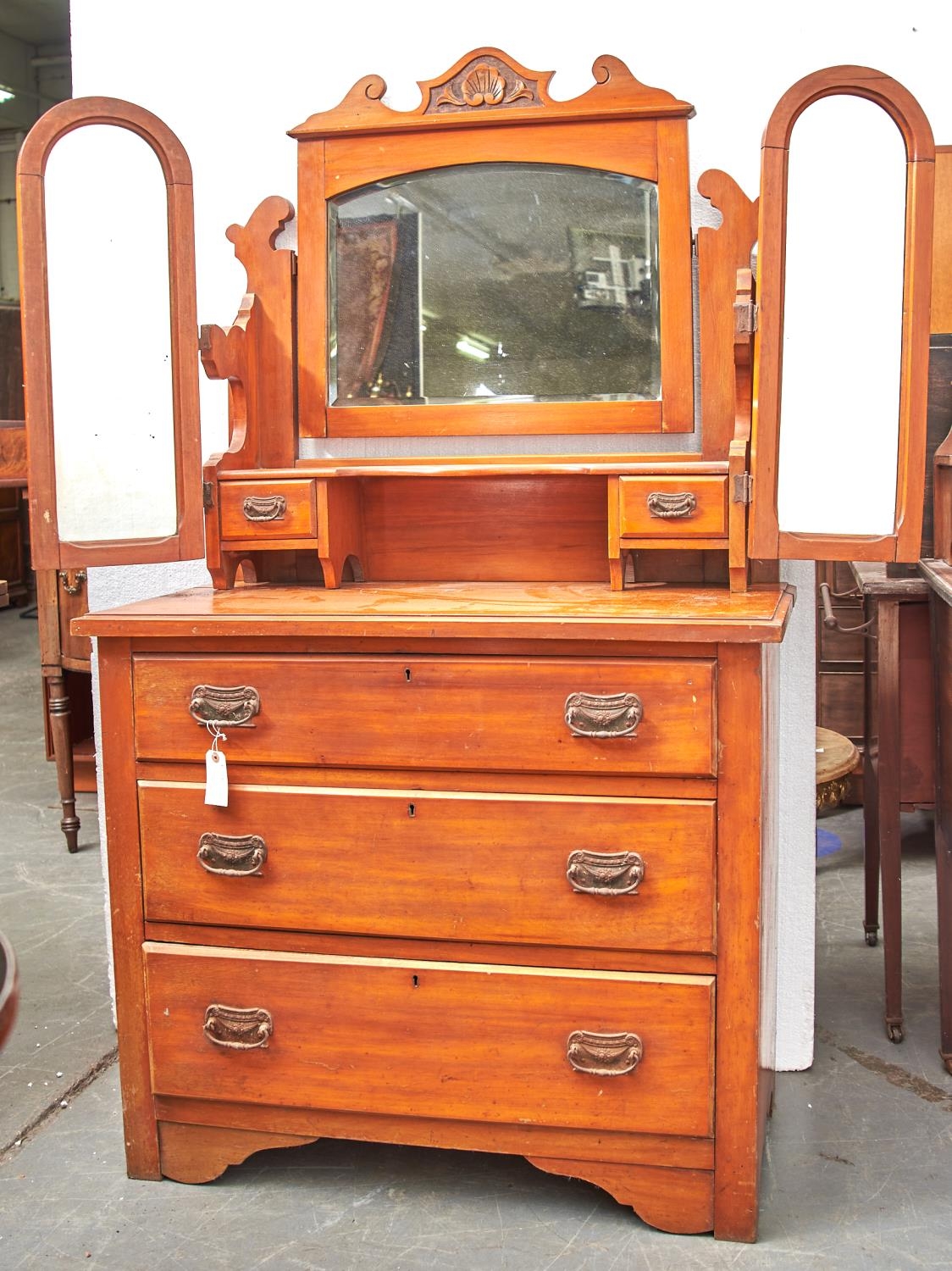 An Edwardian pine dressing chest with triple mirror, c1910, 164cm h; 43 x 91cm Requires cosmetic