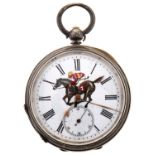 A Victorian silver lever watch, dial later painted with horse and jockey, swiss movement, case No