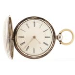 A Victorian silver hunting cased verge watch, unsigned, No 30853, in engine turned case, London 1840
