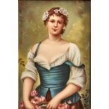 A German porcelain plaque, c1900, painted with a young woman gathering roses, 15.5 x 10cm, red