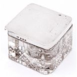 A George V silver mounted square glass inkwell, 65 x 67mm, by Synyer & Beddoes, Birmingham 1915