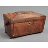 A Victorian ebony and brass line inlaid mahogany tea caddy, c1840, of sarcophagus shape, the