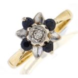 A sapphire and diamond cluster ring, in 18ct gold, 2.8g, size I