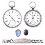 Two silver pocket watches, bracelet, ring and a pendant