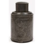 A Chinese cylindrical pewter tea caddy and cover, late 19th c, engraved with panels of birds and