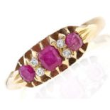 A ruby and diamond ring, early 20th c, in gold marked 18ct, 2.9g, size O