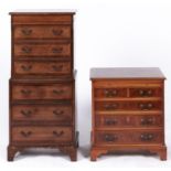 A dwarf mahogany chest on chest, 20th c, 51cm l and a yew wood dwarf chest of drawers with