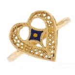 A pierced gold and enamel heart ring, marked 21k, 2.4g, size Q