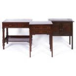 A mahogany two drawer side table, 20th c, 53cm l, another table and a stained oak two door