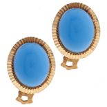 A pair of turquoise paste cabochon earrings, in gold, indistinct control marks, 3.3g