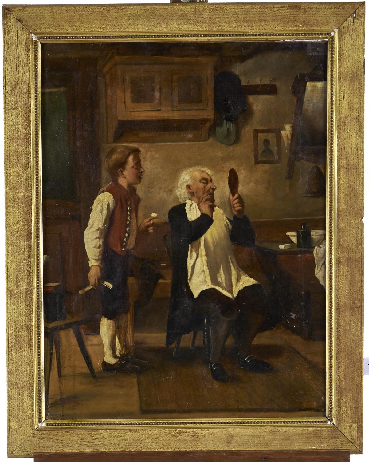 R Muller, 19th c - The Unfortunate Barber, signed (in red), oil on canvas, 62 x 47.5cm